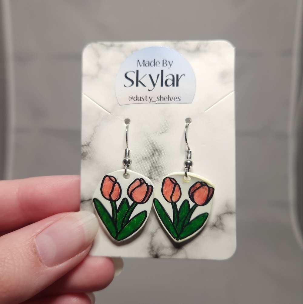 Handmade Shrinking Plastic Pink Tulip Flower Dangle Earrings